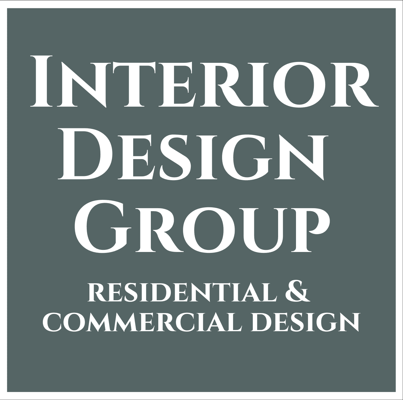 Stylized white seahorse illustration against a teal background with the words "Interior Design Group" in vertical black text.