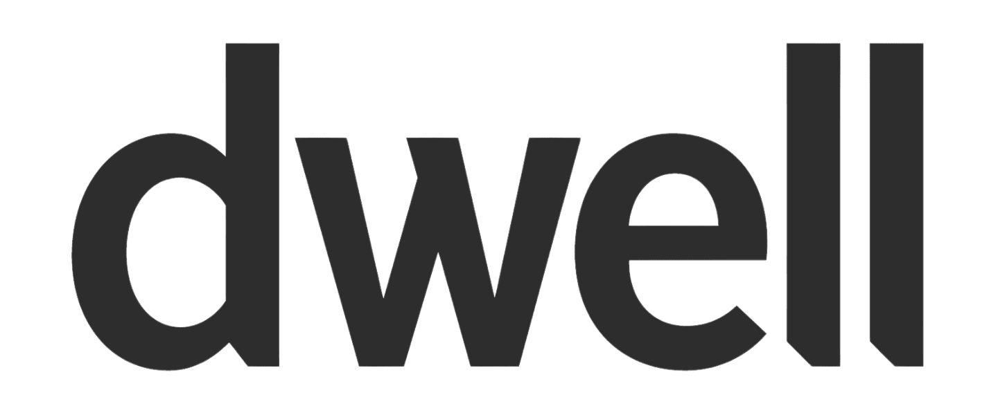Black text reads "dwell" in lowercase letters on a transparent background.