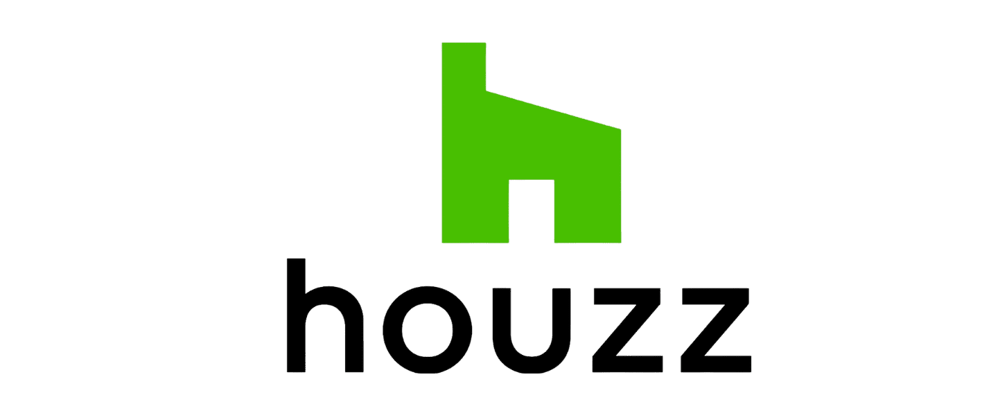 The image shows the Houzz logo with a green house icon above the word "houzz" in black text.