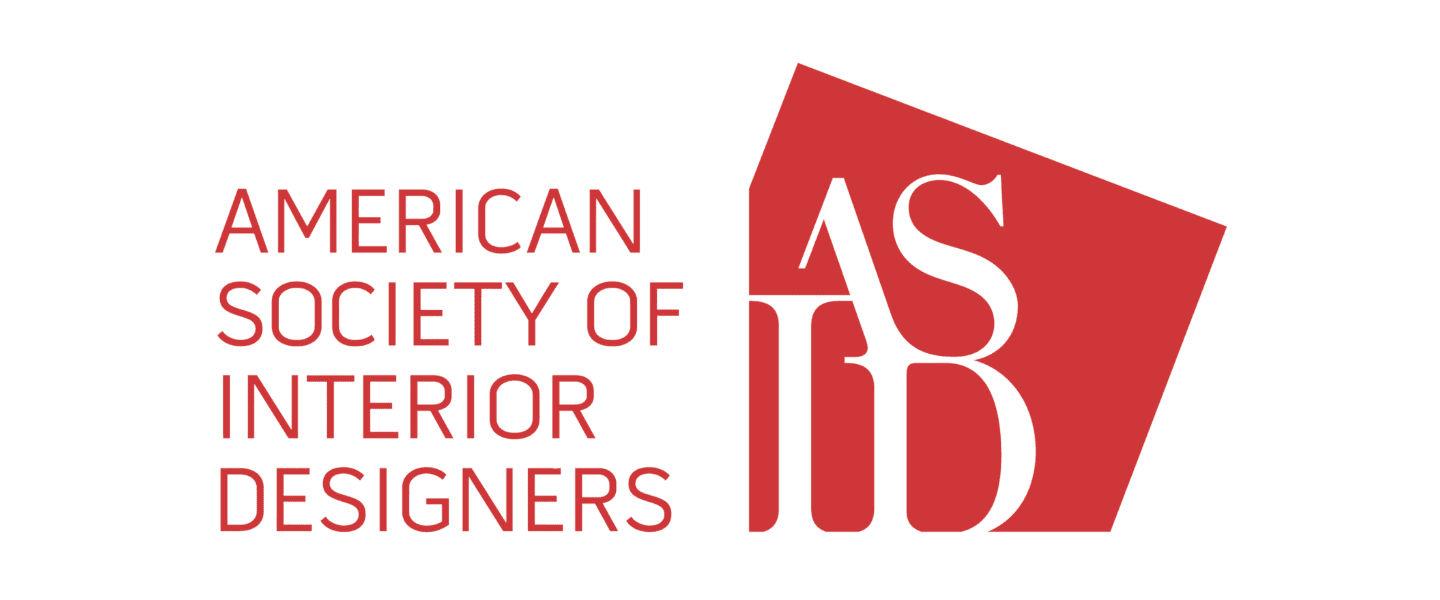 Logo of the American Society of Interior Designers featuring a stylized "ASID" in black and red next to the organization's full name in red text.
